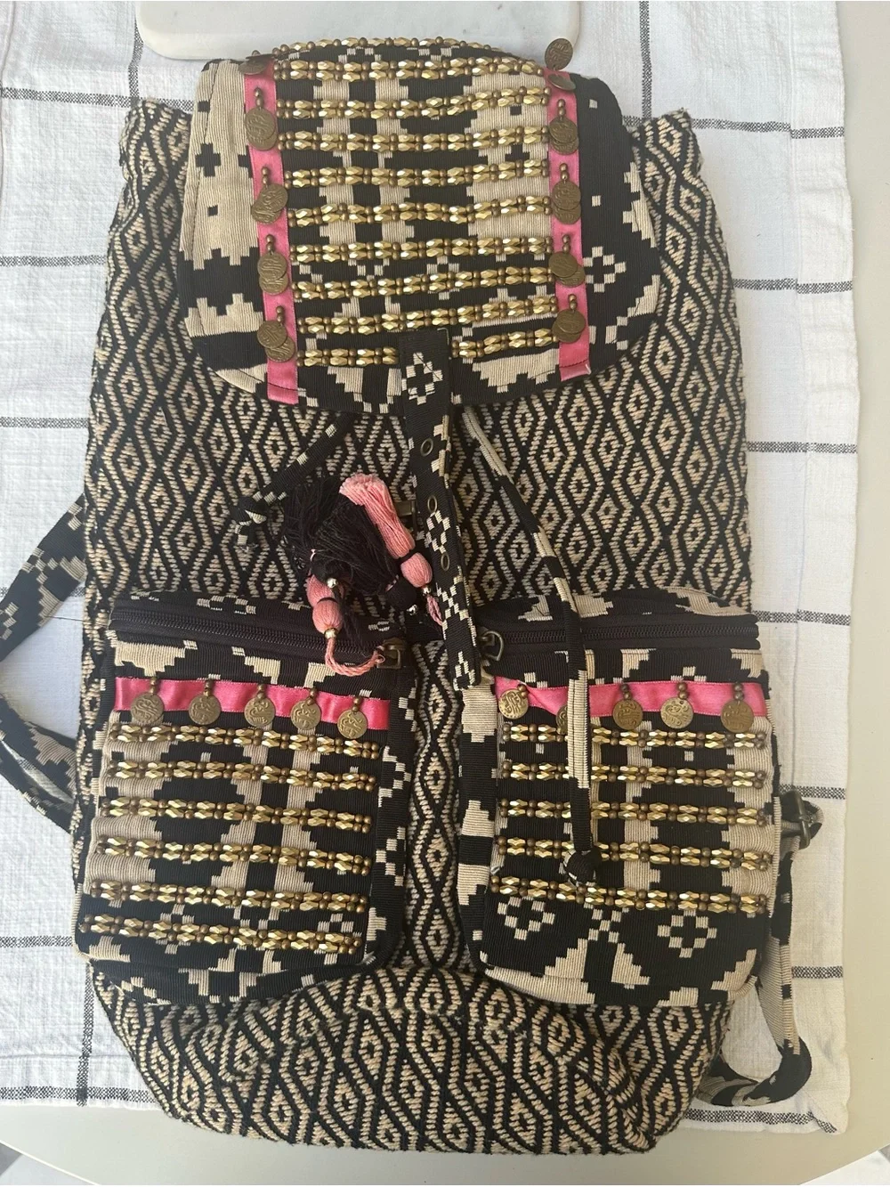 Free People Black & Cream Boho Beaded Backpack with Pink Accents